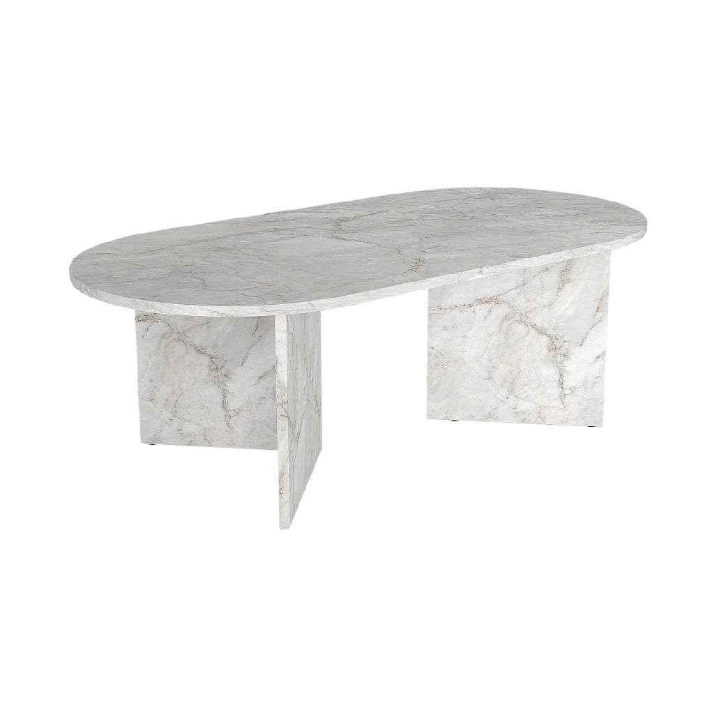 Titre technique : Table ovale en marbre blanc avec bases en bloc