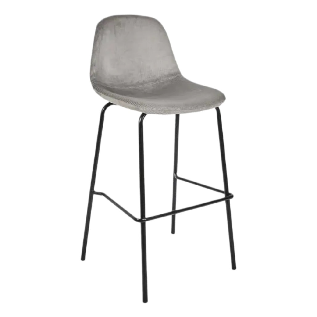 Titre technique : Chaise de bar en velours gris avec pieds en métal noir