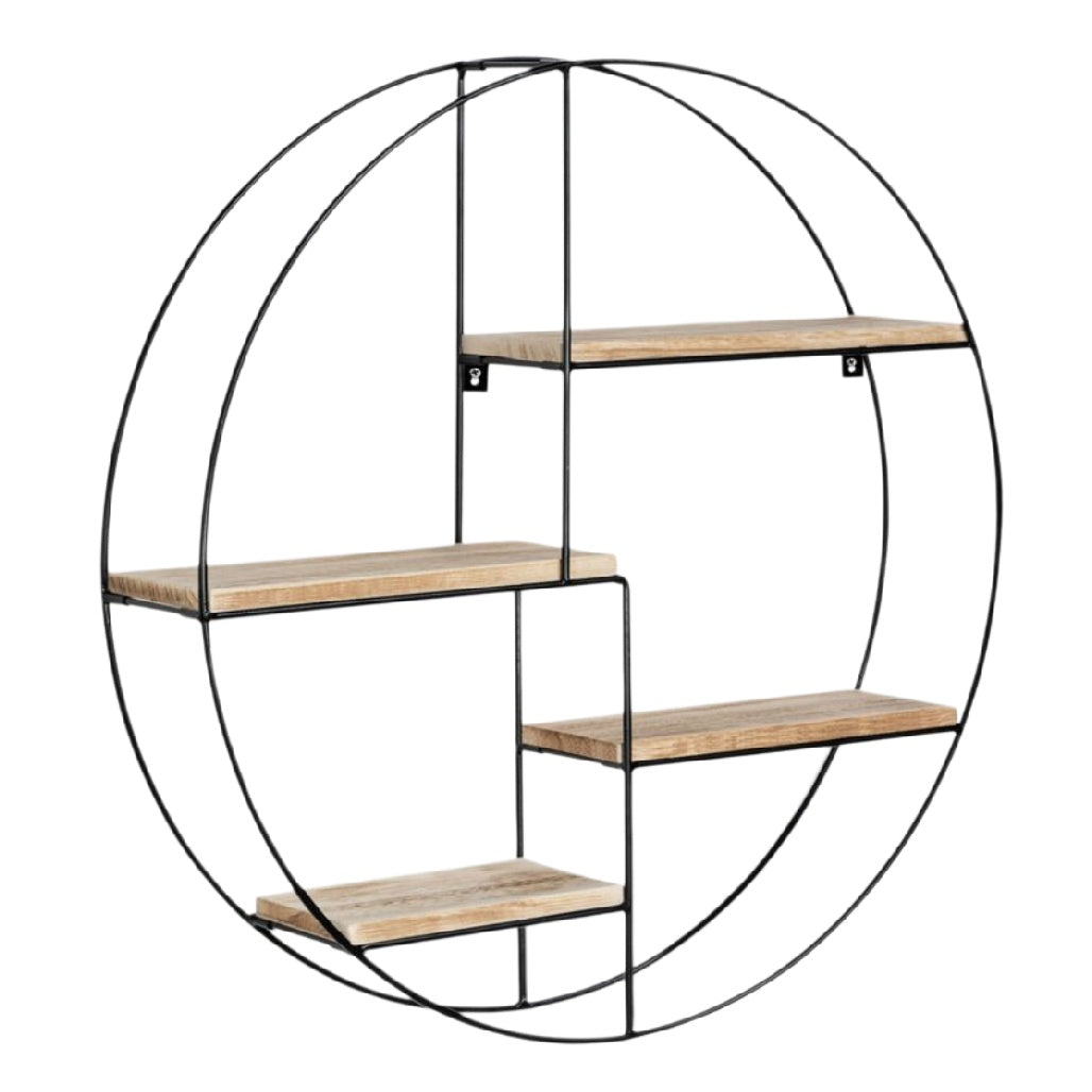 Étagère Murale Ronde en Métal avec Tablettes en Bois