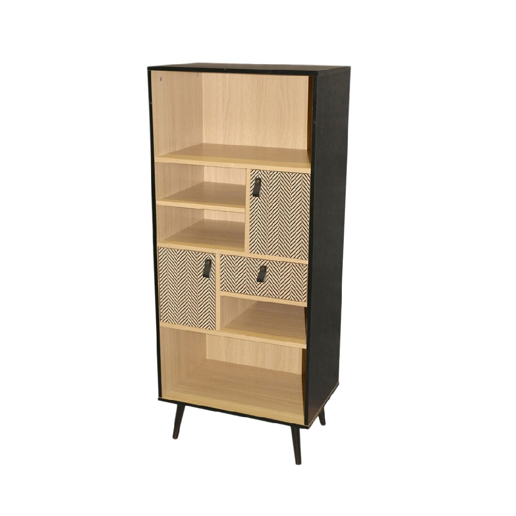 Étagère moderne en bois avec motifs géométriques et rangement polyvalent