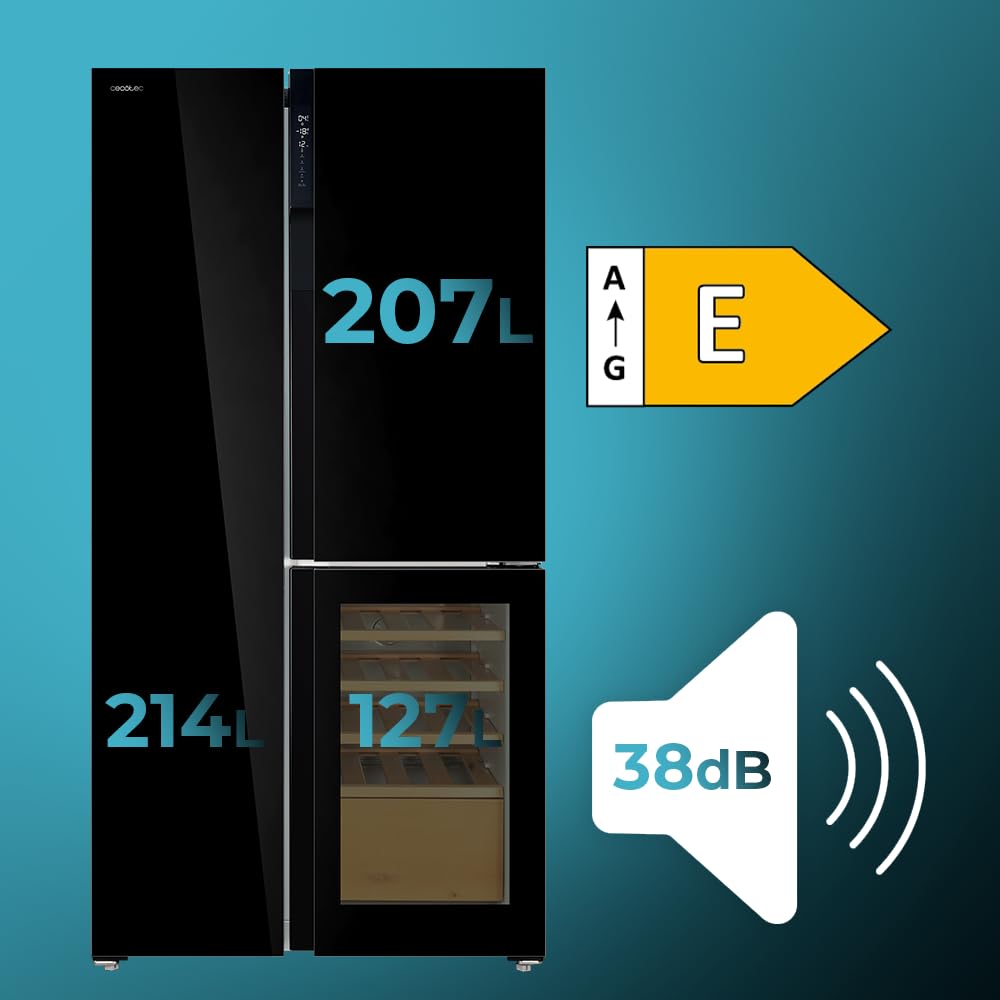Cecotec Réfrigérateur 3 Portes Bolero CoolMarket TDW 548 Black Glass E, Classe E, 548L, Design T Door, Compresseur Inverter Plus, Total No Frost, Metal Cooling, Multi AirFlow, Fast Cooling et Freezing