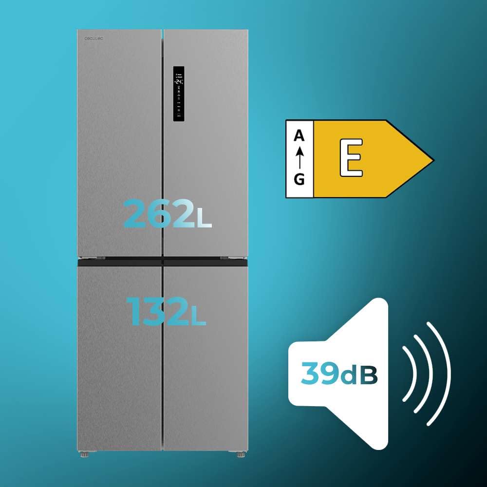 Cecotec Réfrigérateur 4 Portes Total No Frost Bolero CoolMarket 4D 394 Inox E,394 Litres, Hauteur 170 cm et 70 cm Largeur, Tiroir Température Variable, Compresseur Inverter, ATT Antibactérien