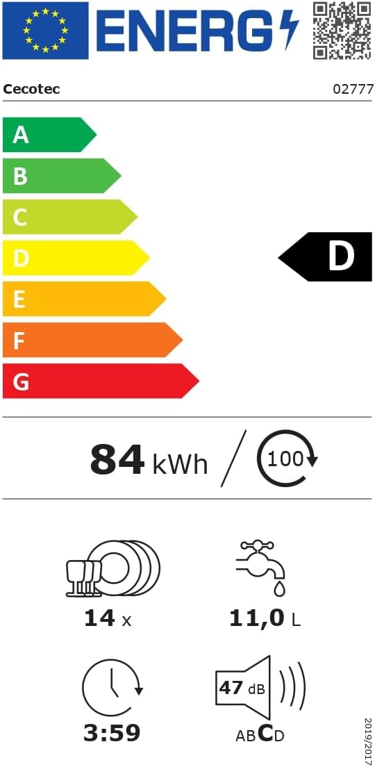 Cecotec Lave-Vaisselle Indépendant de 60 cm Bolero Aguazero 6200 Dark D, 1850W, 14 Couverts, 6 Programmes, Dual Zone Wash, Turbo Dry+, Demi-Charge, Dé