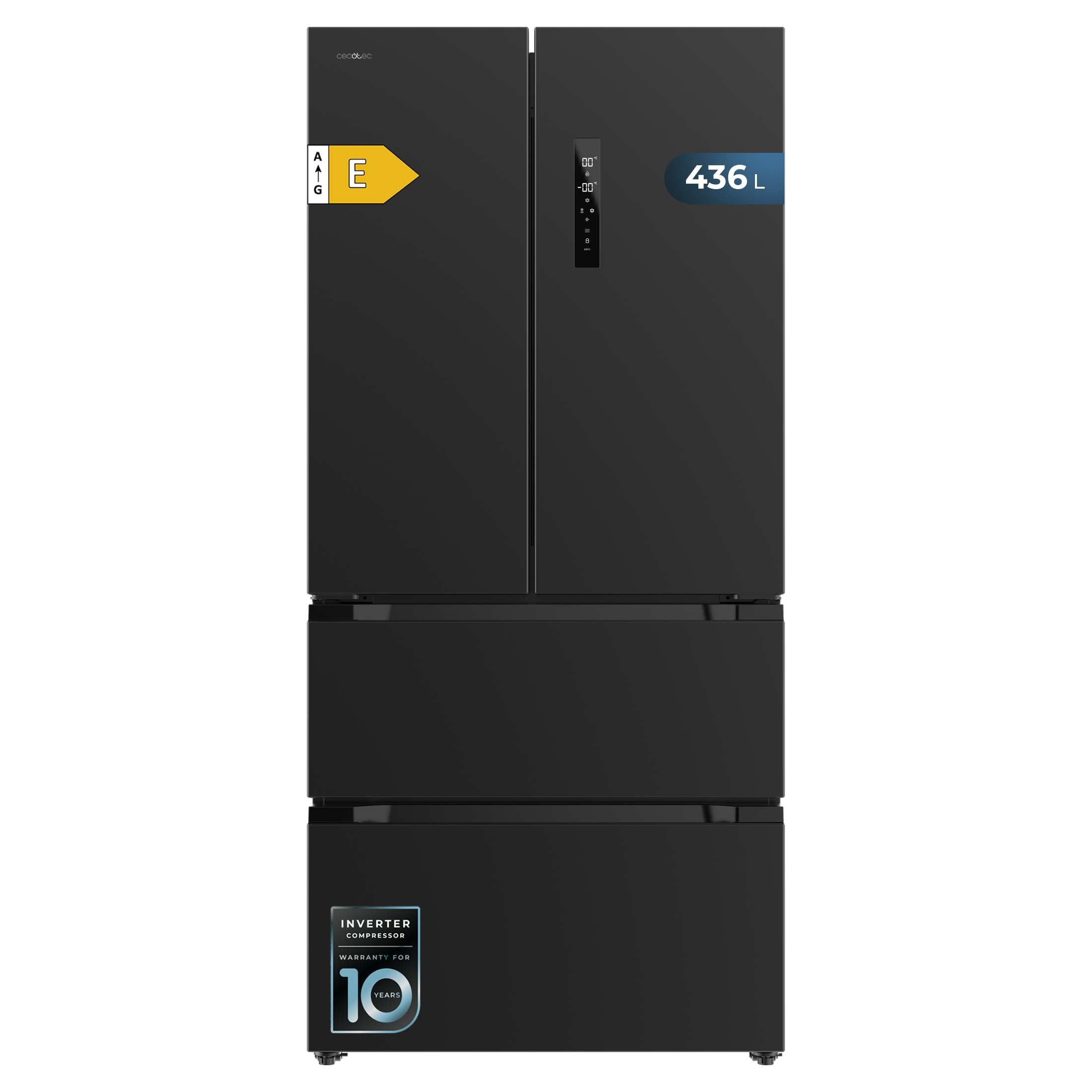 Cecotec Réfrigérateur Congélateur porte française Bolero CoolMarket FD 436 Dark E. 436 L, Total No Frost, Multi Airflow y compresseur inverter para ahorro energético.
