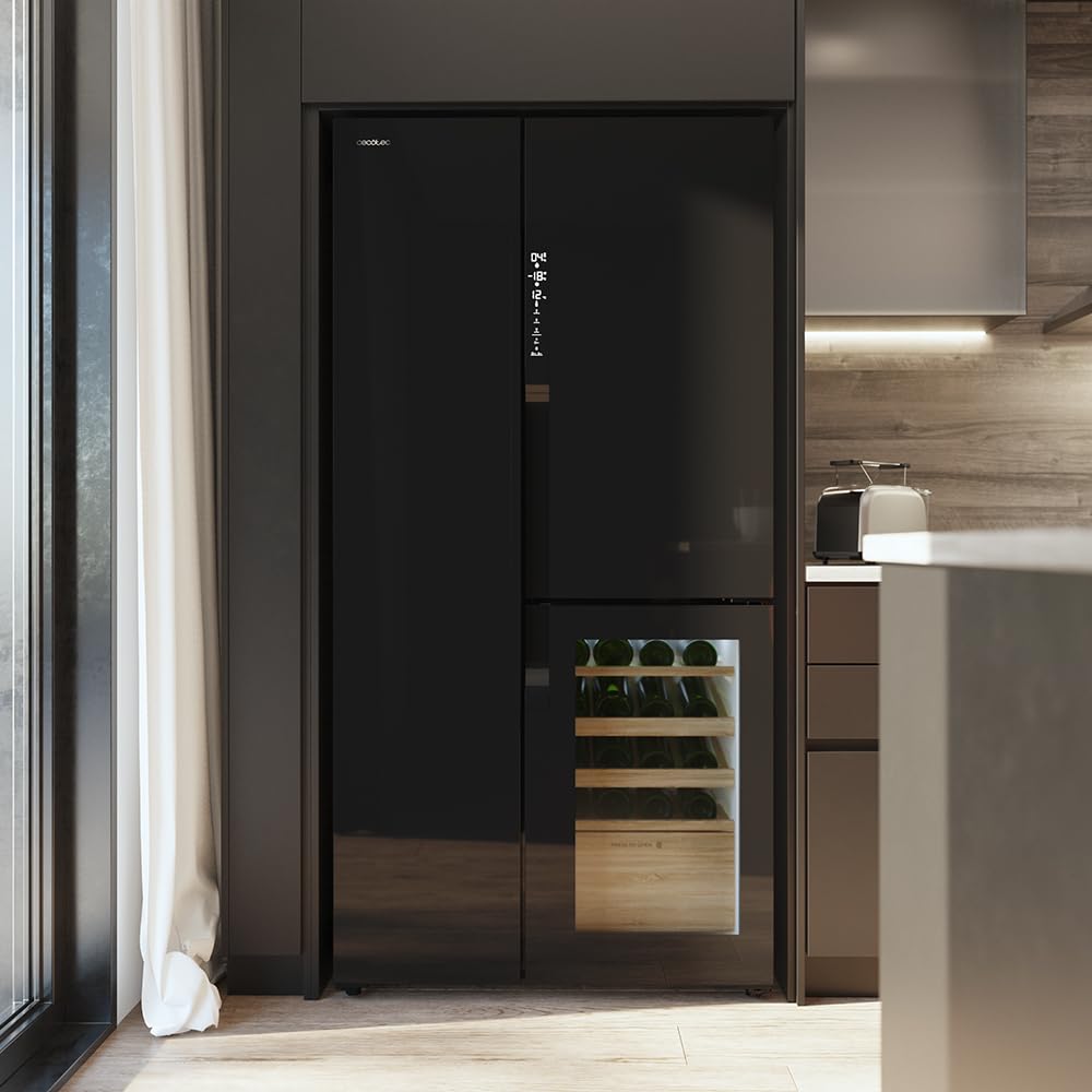 Cecotec Réfrigérateur 3 Portes Bolero CoolMarket TDW 548 Black Glass E, Classe E, 548L, Design T Door, Compresseur Inverter Plus, Total No Frost, Metal Cooling, Multi AirFlow, Fast Cooling et Freezing