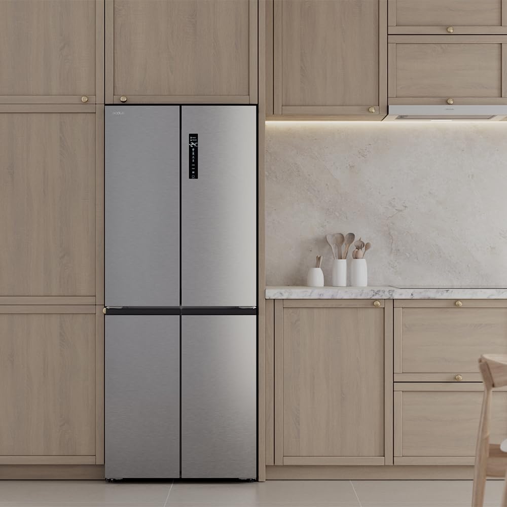 Cecotec Réfrigérateur 4 Portes Total No Frost Bolero CoolMarket 4D 394 Inox E,394 Litres, Hauteur 170 cm et 70 cm Largeur, Tiroir Température Variable, Compresseur Inverter, ATT Antibactérien