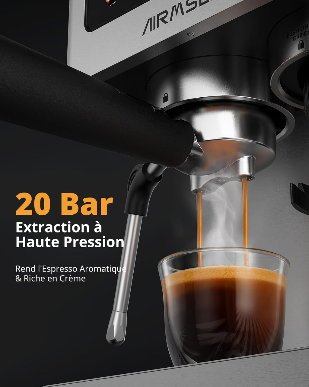 AIRMSEN Espresso Machine à Café Grain à Tasse avec Mousseur à Lait - Programmable, Écran Tactile Couleur, Compatible Café Froid (Cold Brew) et Americano, En Acier Inoxydable, Réservoir 1.8L