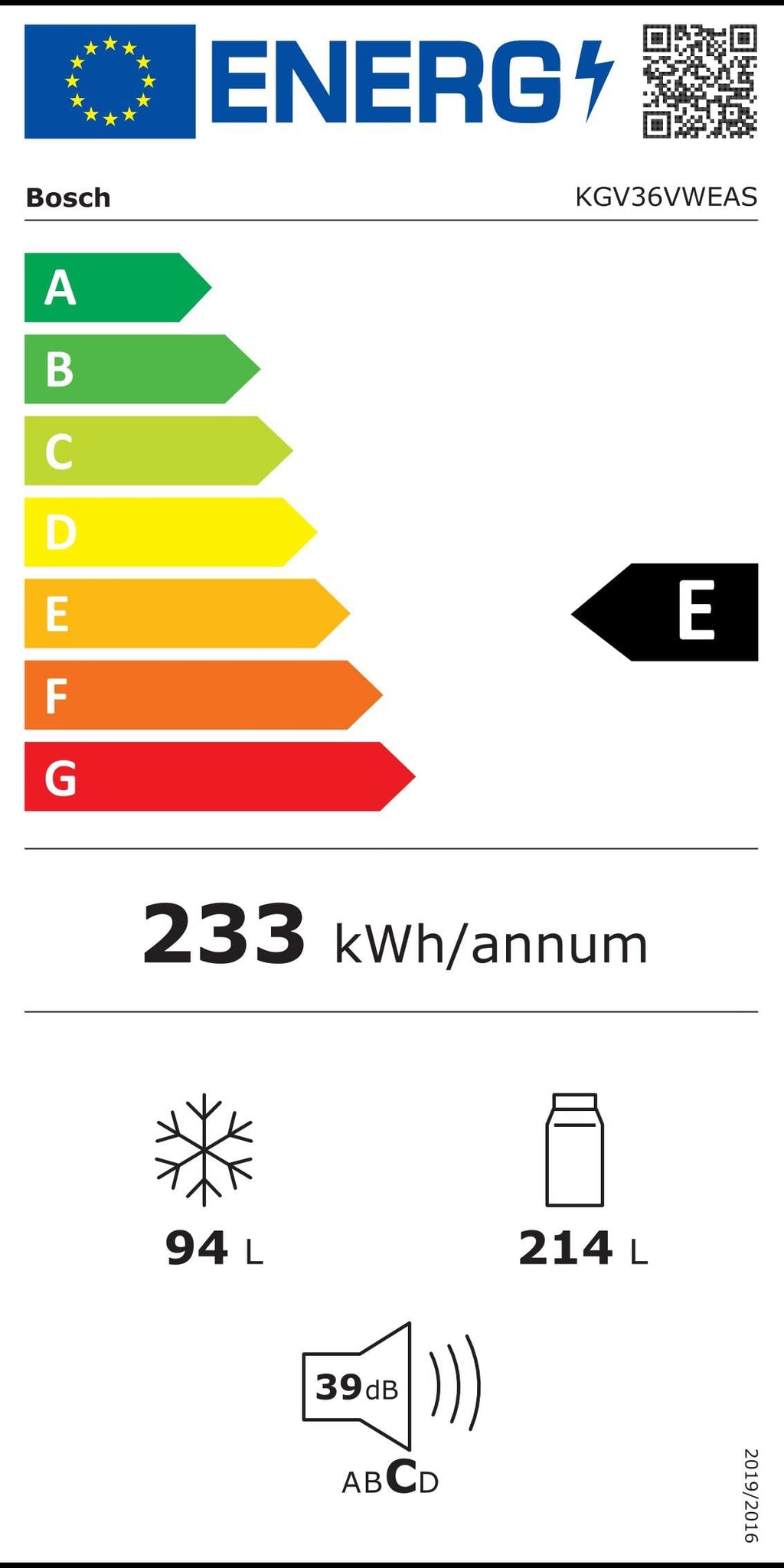 Bosch KGV36VWEAS Série 4, Réfrigérateur combiné pose-libre - 308 L - H 186 X L 60 cm - Blanc