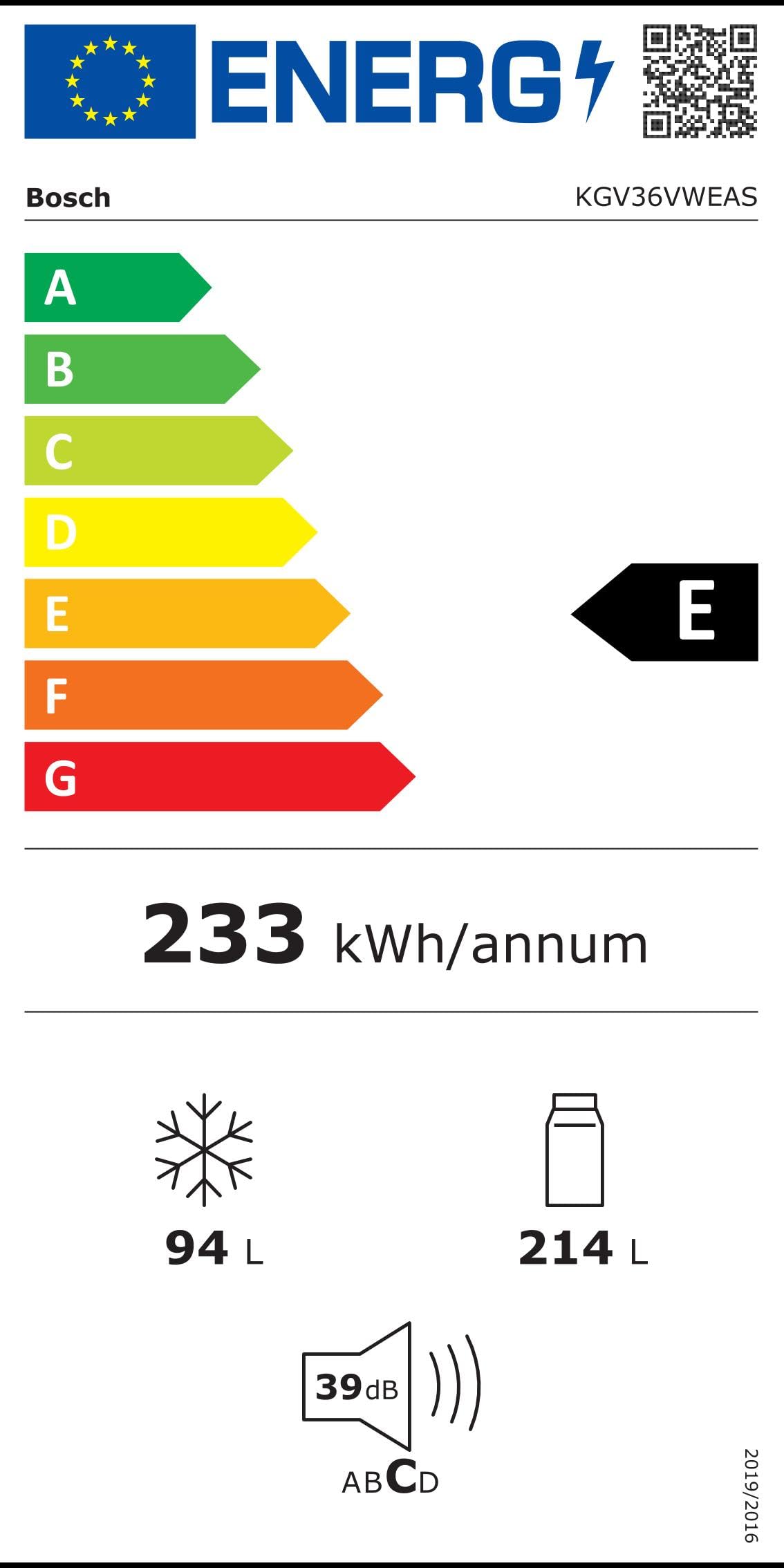 Bosch KGV36VWEAS Série 4, Réfrigérateur combiné pose-libre - 308 L - H 186 X L 60 cm - Blanc