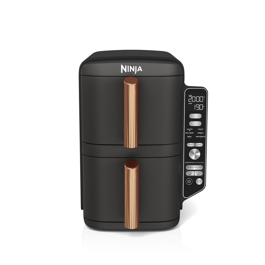 NINJA Double Stack XL Air Fryer 2 Compartiments Verticale, Compact, 4 Niveaux de Cuisson, Capacité de 9,5L, Air Fryer 6-en 1, Pièces Antiadhésives Amovibles Lavables Au Lave-Vaisselle, Noir/Cuivre