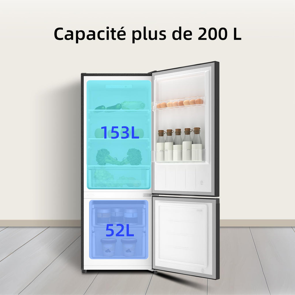 CHIQ Réfrigérateur congélateur FBM205L42-205L (153 + 52),Classe énergétique E, 39 dB, Acier noir, Low frost, Portes réversibles