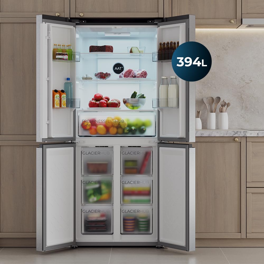 Cecotec Réfrigérateur 4 Portes Total No Frost Bolero CoolMarket 4D 394 Inox E,394 Litres, Hauteur 170 cm et 70 cm Largeur, Tiroir Température Variable, Compresseur Inverter, ATT Antibactérien