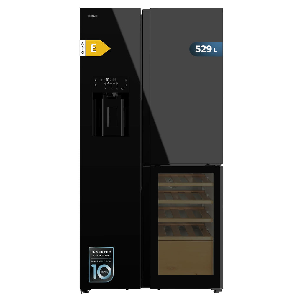 Cecotec Réfrigérateur avec 3 portes Bolero CoolMarket TDW 529 WID Black Glass E. Réfrigérateur 3 portes noir, cave à vin, 529L, Inverter Plus, Total No Frost, E, MultiAirFlow, Fast Cooling.