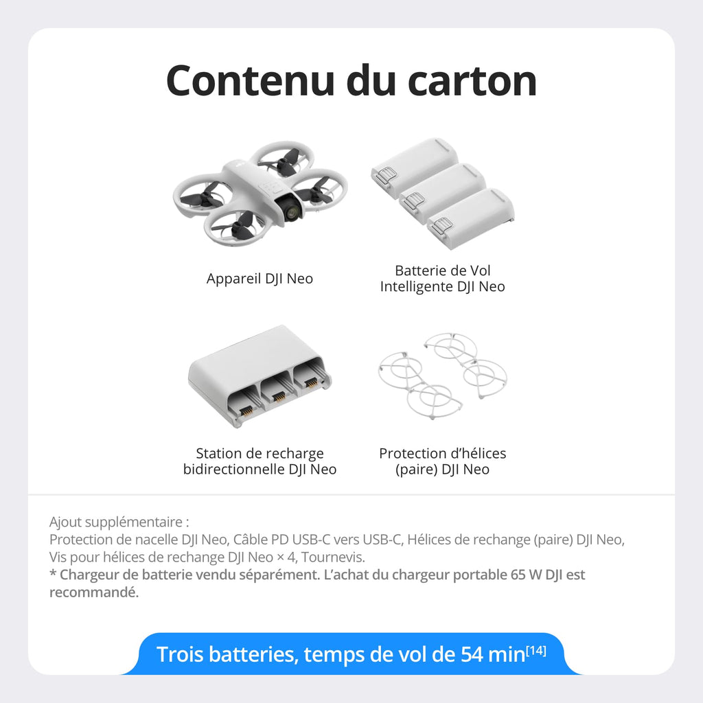 Bundle Trois Batteries DJI Neo, Mini Drone avec Caméra 4K UHD pour Adultes, Drone Suiveur qui Vole Seul de 135 g, Décollage du Creux de la Main, Suivi de Sujet, QuickShots, (sans Contrôleur)