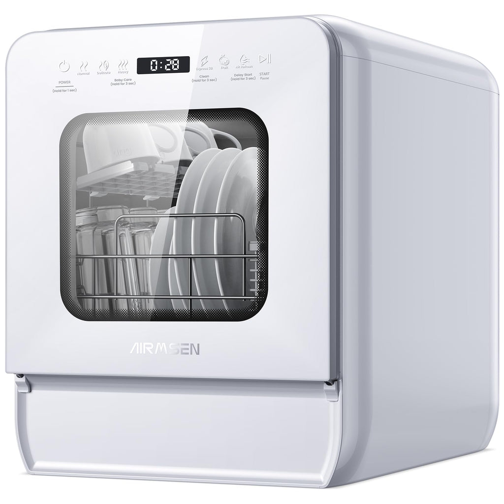 AIRMSEN Mini Lave-vaisselle de Table avec 7+2 Programmes, Design Ultra-Étroit & Profond 37 * 50cm, 4 couverts, Démarrage Différé 1-24H, Double Jet 360°, Réservoir d'Eau de 5L, Blanc (Blanc)