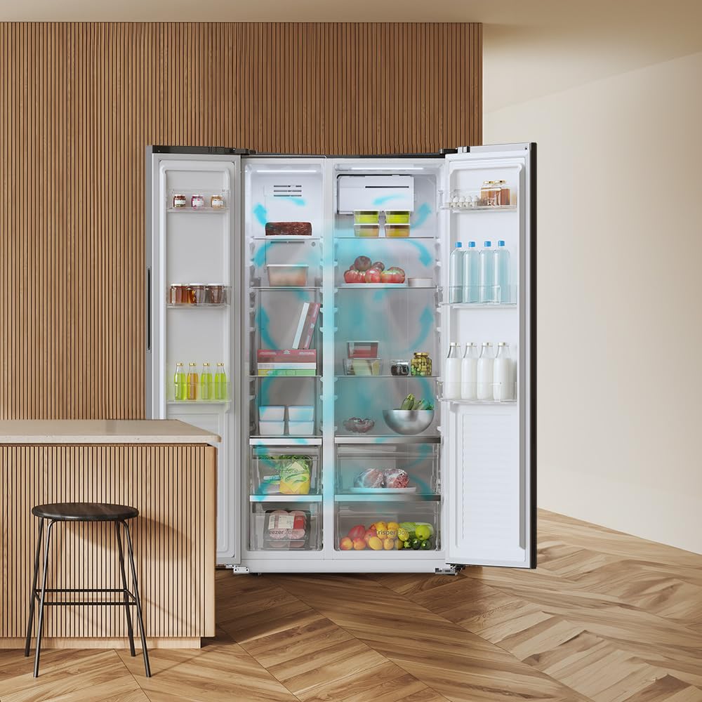 Cecotec Réfrigérateur Américain de 550 Litres Bolero CoolMarket SBS 550 Glass E. 177 cm de Hauteur et 90 cm de Largeur, Système Multi Air Flow, No Frost Total, Moteur Inverter Plus
