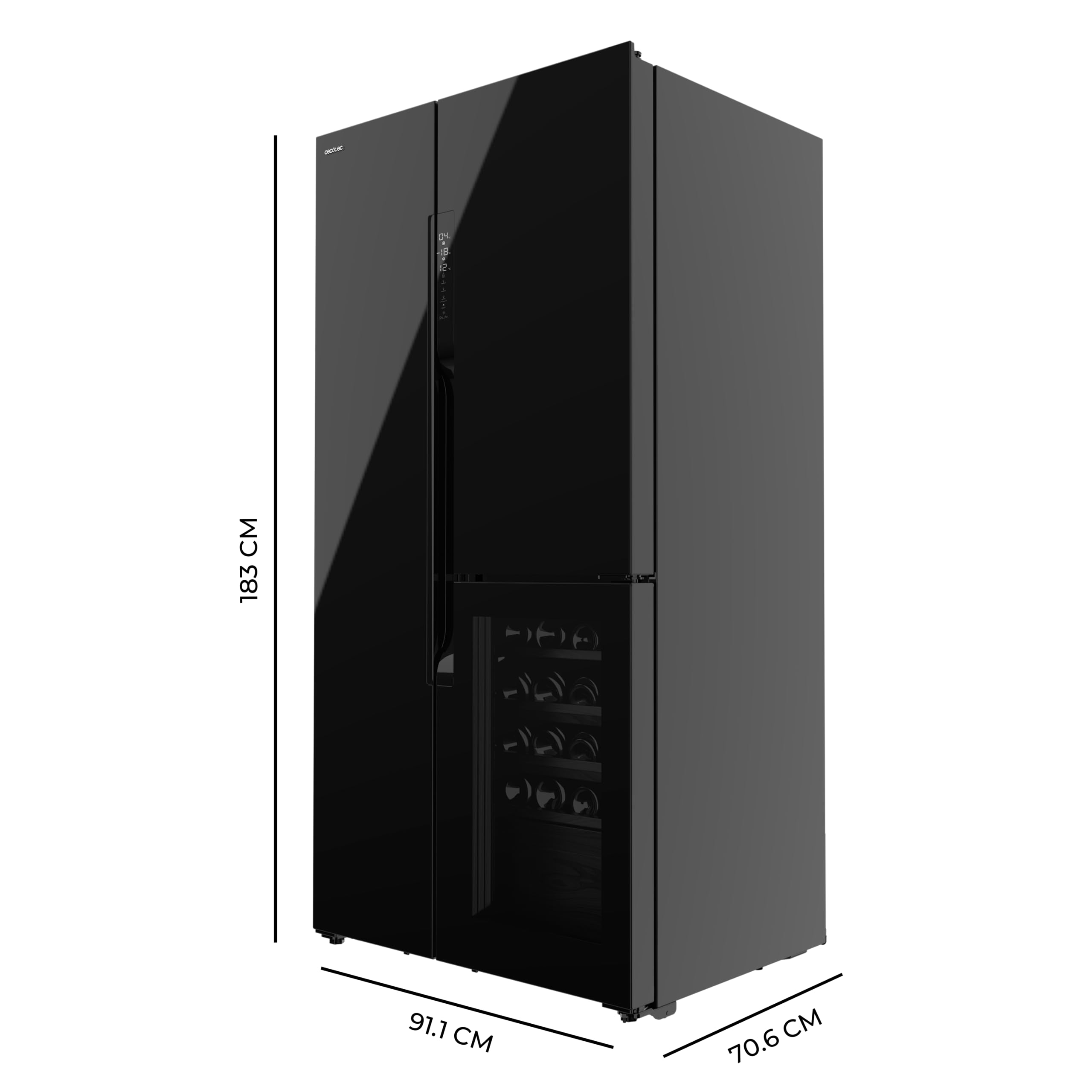 Cecotec Réfrigérateur 3 Portes Bolero CoolMarket TDW 548 Black Glass E, Classe E, 548L, Design T Door, Compresseur Inverter Plus, Total No Frost, Metal Cooling, Multi AirFlow, Fast Cooling et Freezing