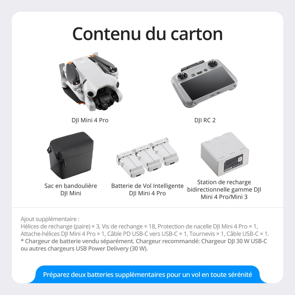 DJI Bundle avec Mini 4 Pro Fly More avec RC 2 (Radiocommande avec Écran), Mini Drone Pliable avec Caméra 4K, Moins de 0,549 lb/249 g, Temps de Vol de 34 min, 2 Batteries Supplémentaires, C0