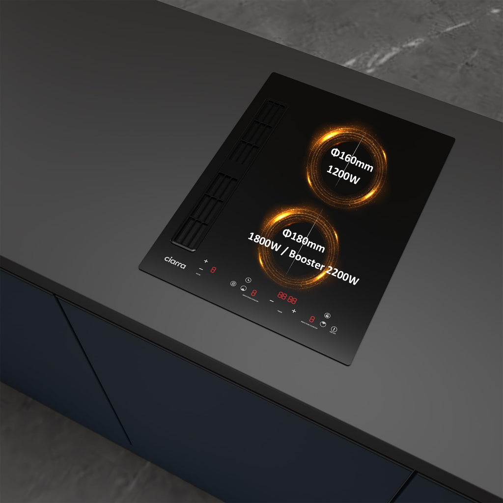 CIARRA One Plaque à Induction et Hotte Intégrée-39cm-3200W-9 Niveaux de Puissante-460m³/h- Évacuation ou Recyclage-4 Vitesses-Fonction Boost-Filtration Multiple-Tactile-Verrouillage Enfant