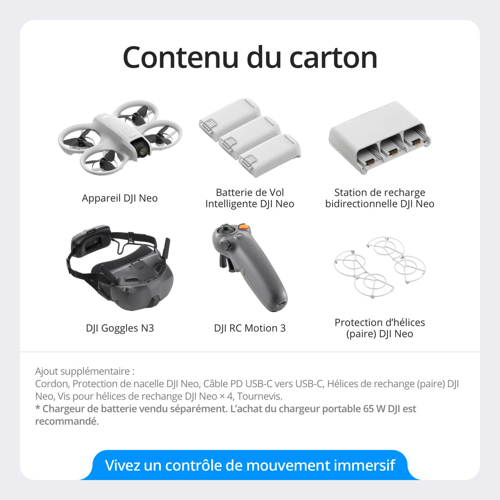 Bundle Motion Fly More DJI Neo, Mini Drone avec Caméra 4K UHD pour Adultes, Drone Suiveur qui Vole Seul de 135 g, Décollage du Creux de la Main, Suivi de Sujet, avec RC Motion 3 et 3 Batteries