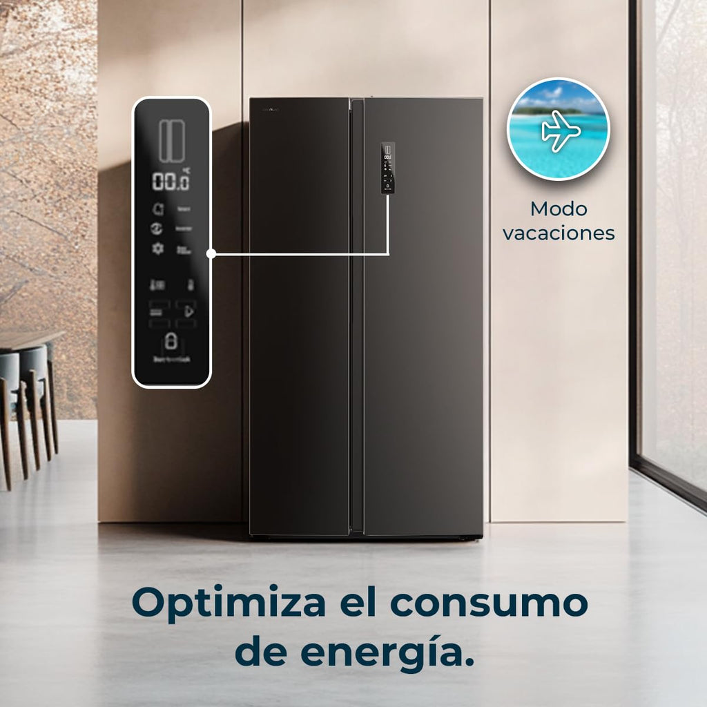 Cecotec Réfrigérateur Américain Bolero CoolMarket SBS 562 Dark D. 562 L, Classe D, Total No Frost, mode vacances, compresseur inverter, LED intérieure y porte réversible.