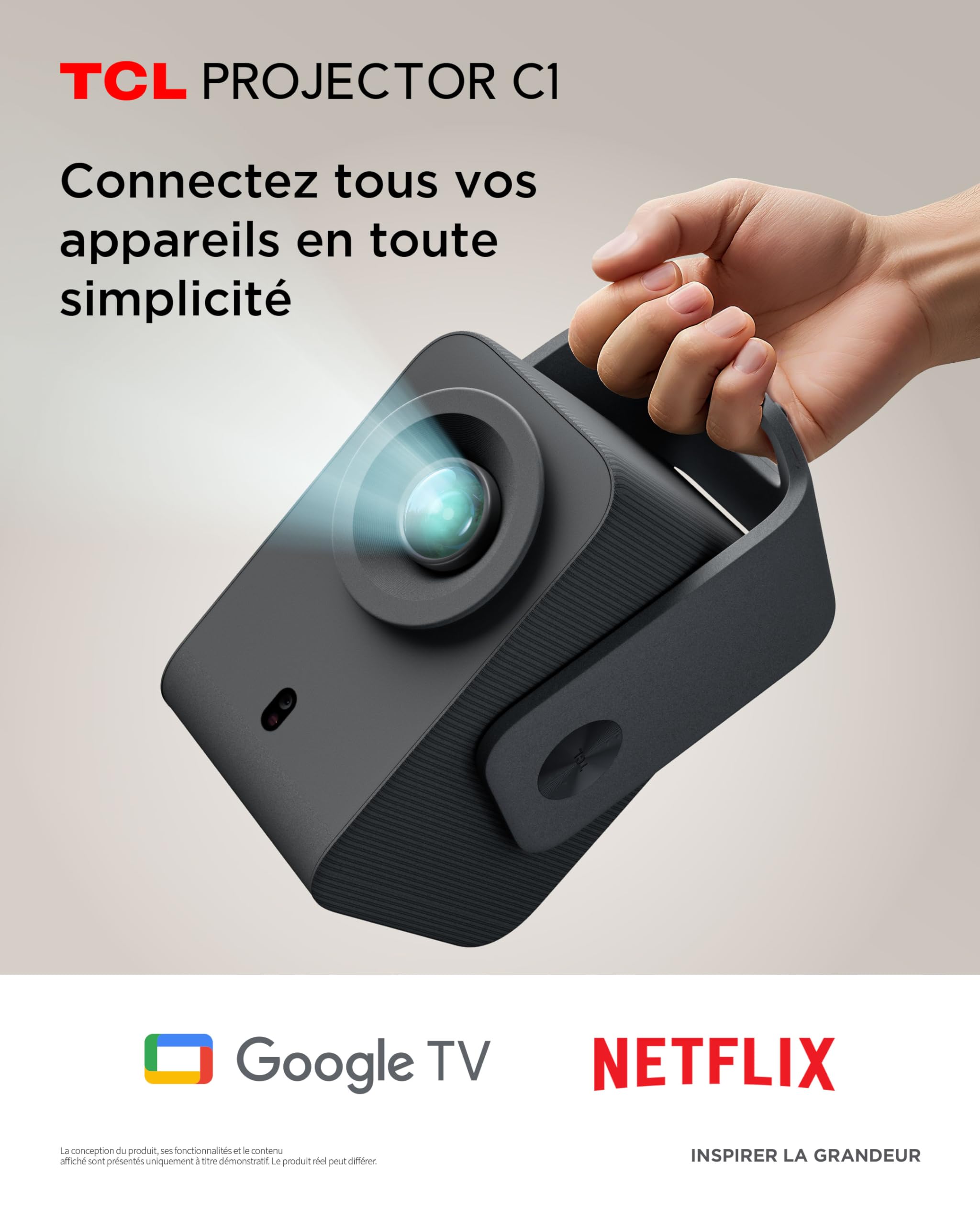 TCL C1 Videoprojecteur 4K Compatibilité, Natif 1080P, Audio Dolby 8 W, Netflix Certifié, Smart Google TV Intégré, Auto Focus/Keystone, Wi-FI Bluetooth, Pivotant à 285° Mini Projecteur Video Portable