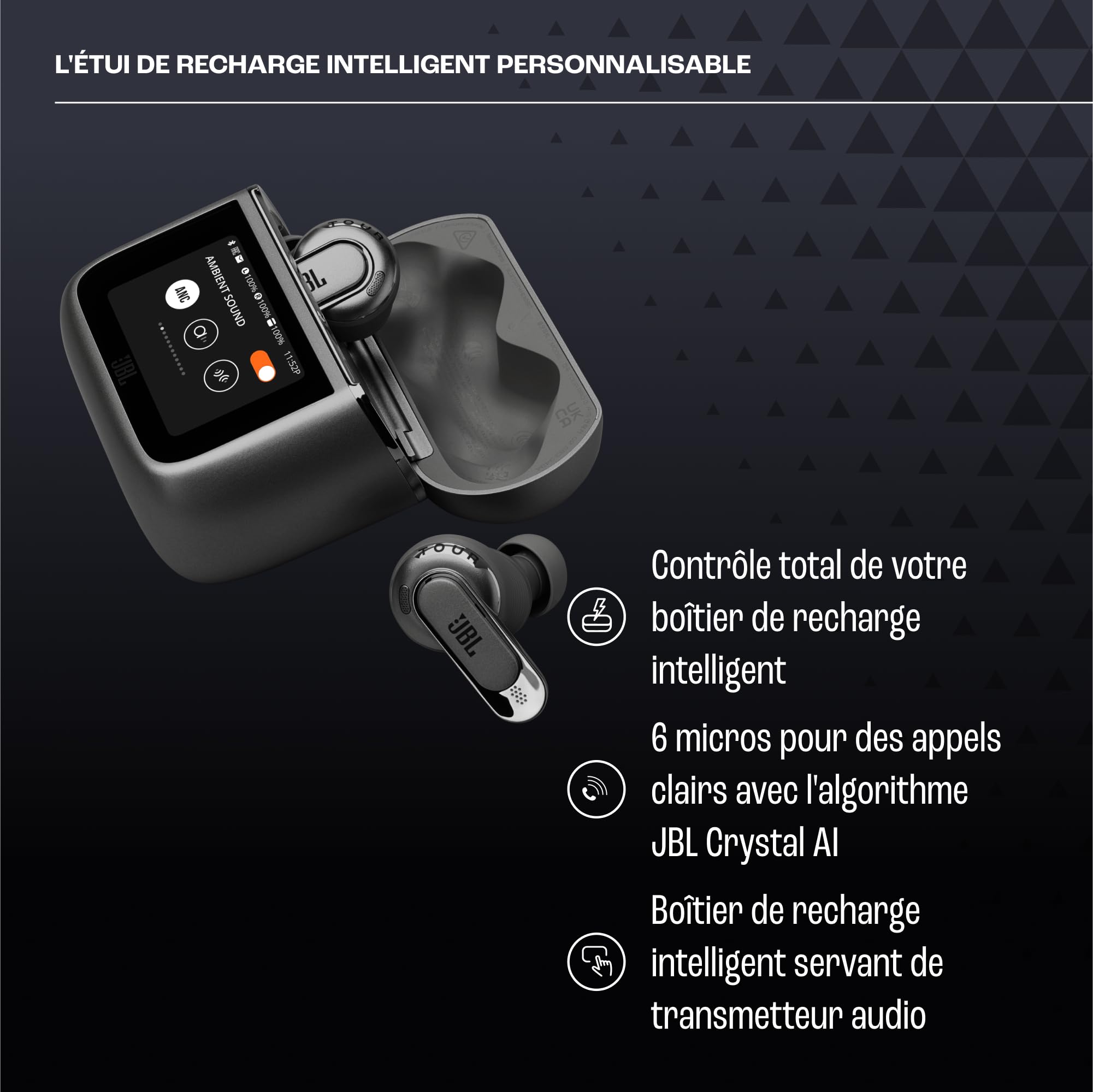 JBL Tour Pro 3, Écouteurs sans Fil, étui Intelligent de Recharge, 40h d'autonomie, avec Réduction de Bruit Adaptative, Bluetooth, Son Spatial 360, Noir