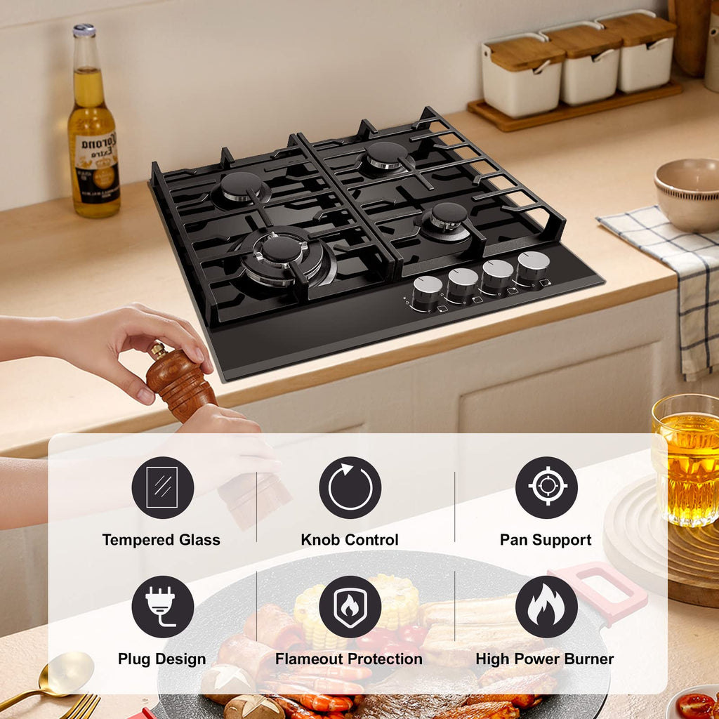 TopStrong Plaque de Cuisson Gaz 4 Feux, 60cm Plaque Gaz 4 Feux avec Supports en Fonte, Encastrable Table de Cuisson, Convertible NG/LPG, Protection Contre la Flamme, Noir Verre