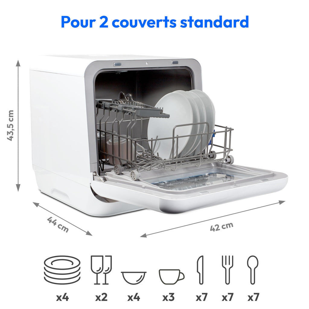 MEDION Mini lave-vaisselle DWT20 (lave-vaisselle de table, lave-vaisselle, 2 couverts, fonctionne avec/sans raccordement à l'eau, 6 programmes de nettoyage, biberons, départ différé, pose libre) argen