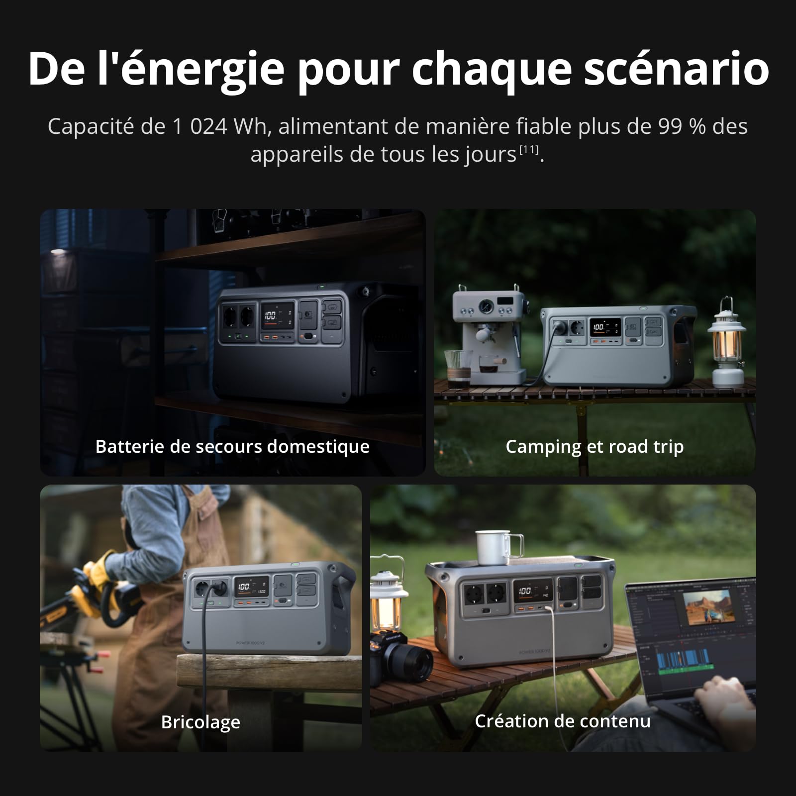 DJI Power 1000 V2, station électrique portable 1 024 Wh (Batterie LFP), sortie stable de 2 600 W, recharge de 0–80% en 37 Min, générateur électrique portable pour maisons, systèmes hors réseau