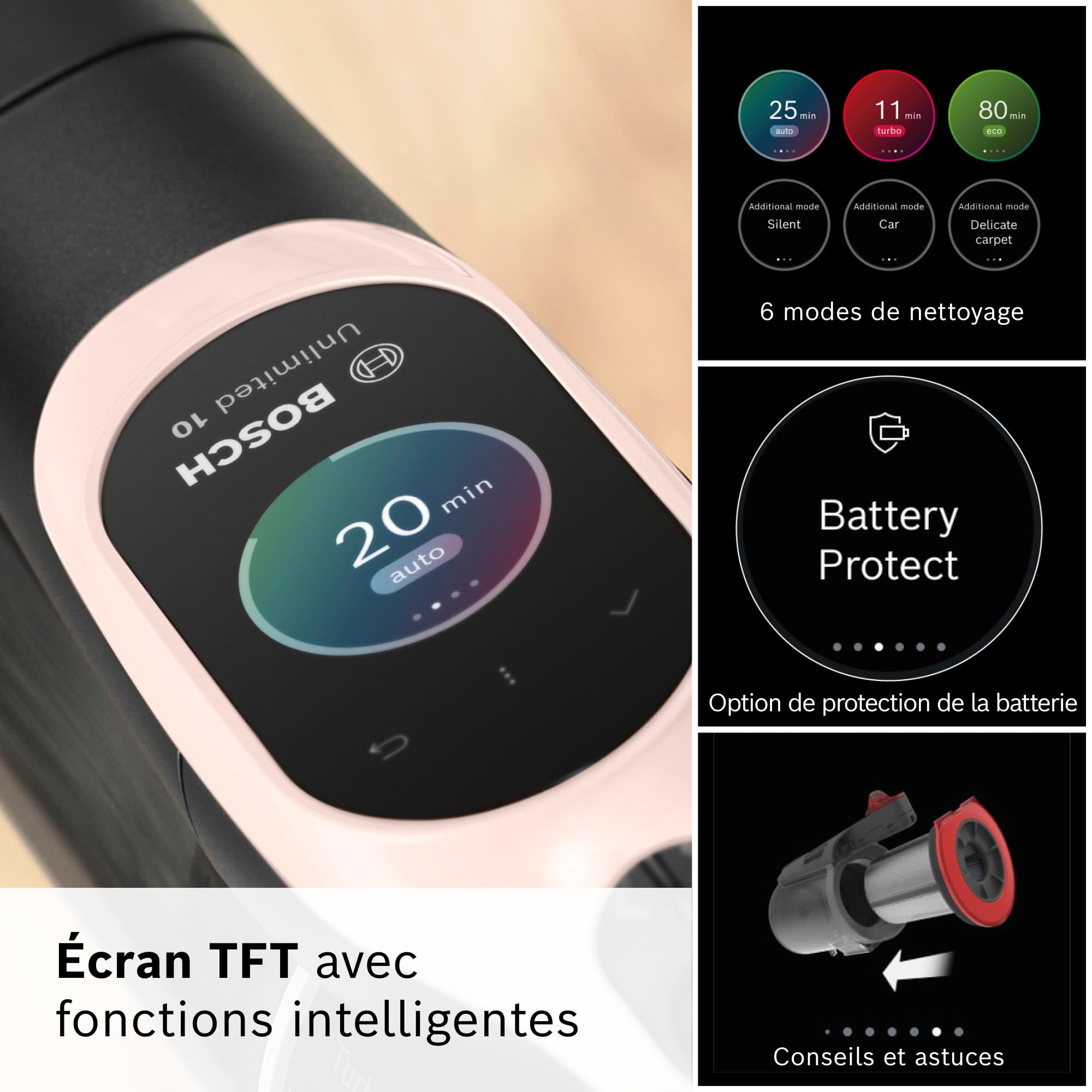 Bosch, aspirateur Balai sans Fil, Unlimited 10, Batterie 4.0 Ah, Technologie MicroClean, bac à poussière Facile à Vider, Tube Flexible, éclairage LED, Rose, BKS1041RHF