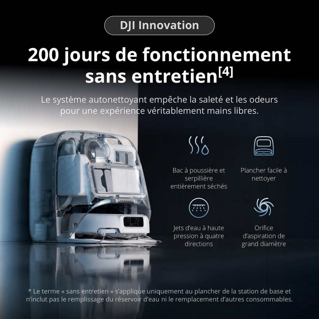 DJI ROMO P Robot Aspirateur Laveur au Design Transparent, Aspirateur Robot de 25 000 Pa, détection de Niveau Drone, 200 Jours sans Maintenance, Solutions de Nettoyage Personnalisables