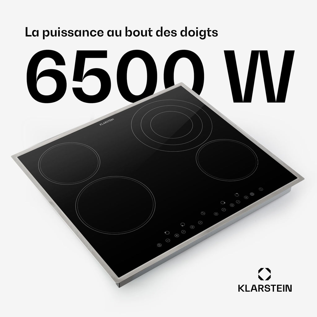 Klarstein Plaque Vitrocéramique Encastrable 6500W, Table de Cuisson Induction 4 Feux, Contrôle Tactile, Table de Cuisson Électrique 4 Foyers
