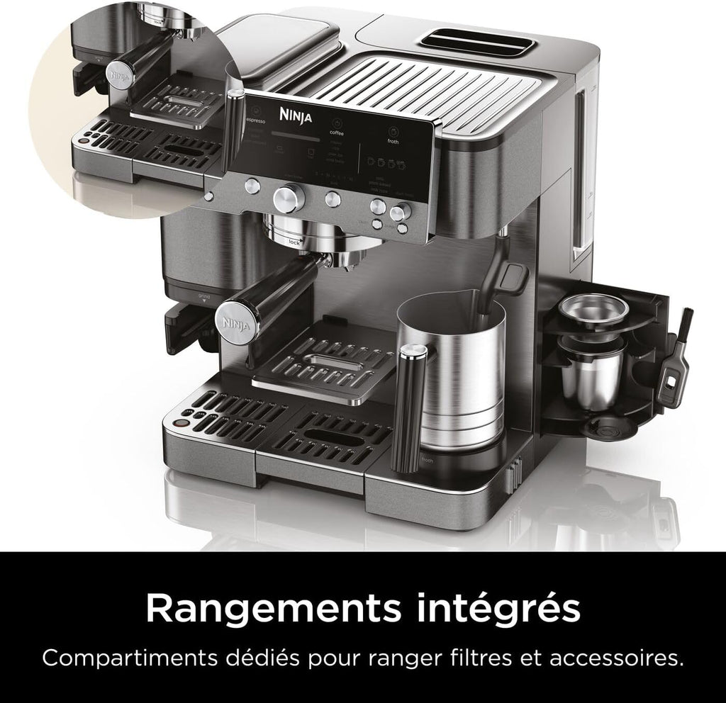Ninja Luxe Premier Machine à café 3-en-1, Pour réaliser espressos, infusions à froid et café filtre, 4 préréglages de mousse automatiques, Gris Métalisé, ES601EUGM