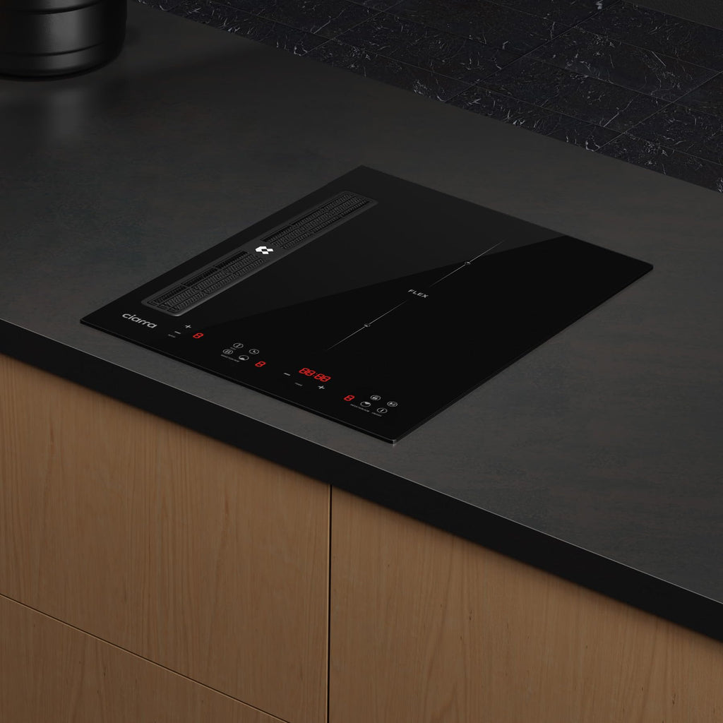 CIARRA ONE CBBEH392BF Plaque de cuisson à induction avec hotte aspirante, hotte de table intégrée, 39 cm, 2 plaques, Flexzone, 9 niveaux, sécurité enf