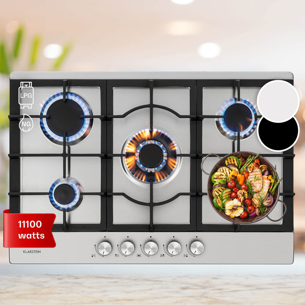 Klarstein Plaque de Cuisson Gaz à 5 Brûleurs, Table de Cuisson Encastrable à 5 Feux de 11100W, Cuisiniere, Gaziniere en Acier Inoxydable, Cuisinières GPL