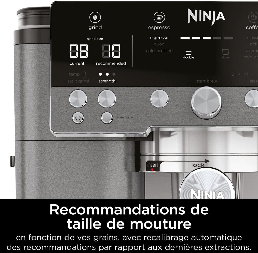 Ninja Luxe Premier Machine à café 3-en-1, Pour réaliser espressos, infusions à froid et café filtre, 4 préréglages de mousse automatiques, Gris Métalisé, ES601EUGM