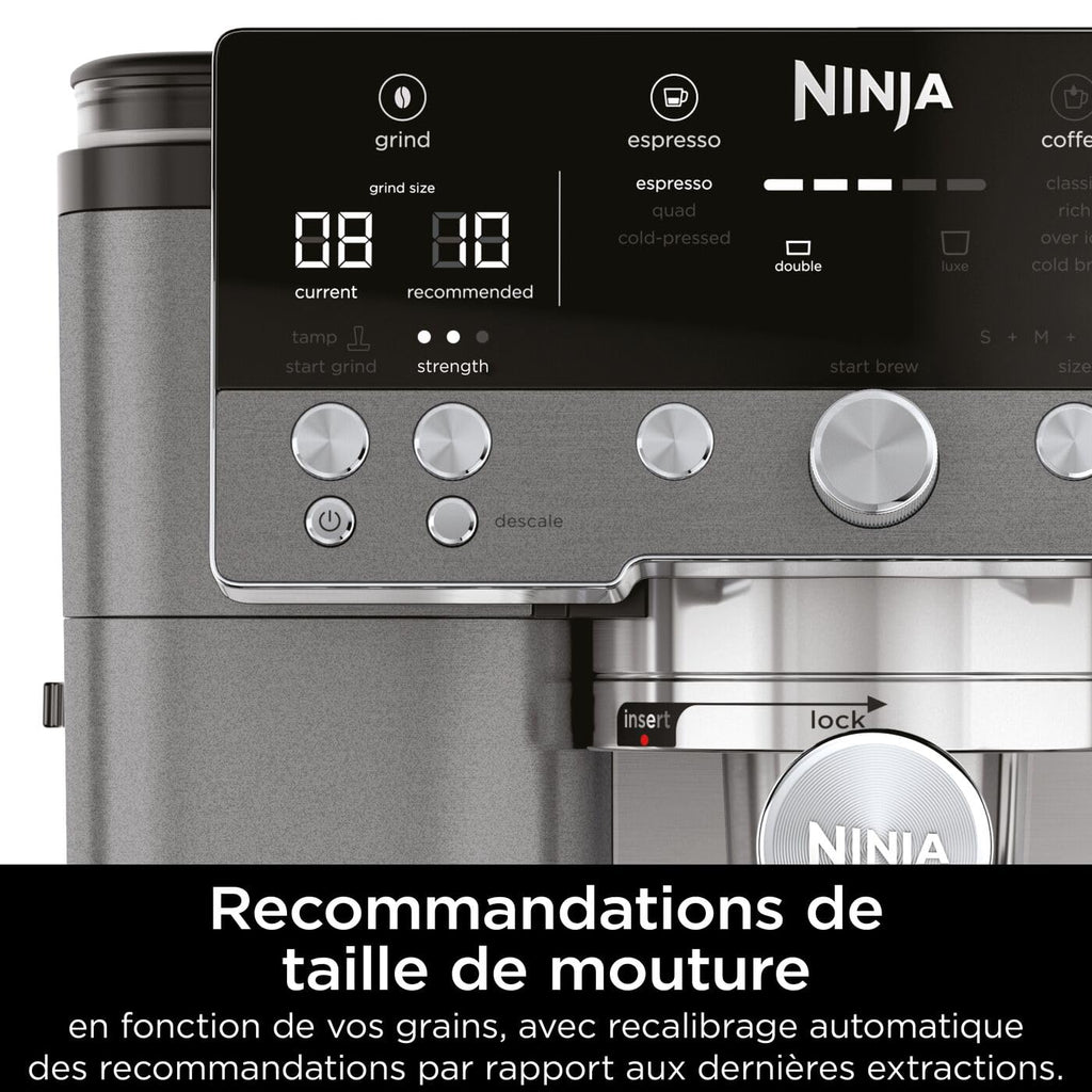 Ninja Luxe Premier Machine à café 3-en-1, Pour réaliser espressos, infusions à froid et café filtre, 4 préréglages de mousse automatiques, Gris Métalisé, ES601EUGM