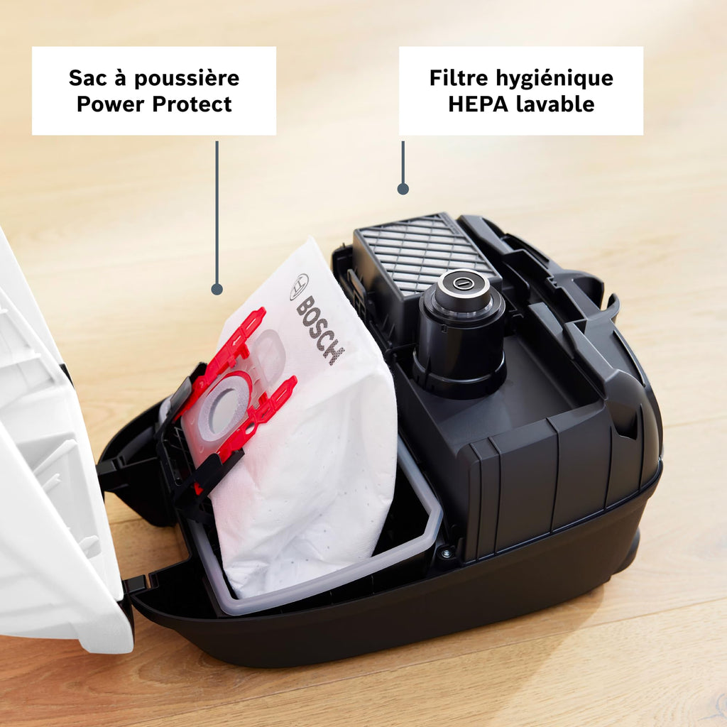 Bosch Electroménager, Série 6, ProSilence BGB6SIL1, aspirateur traîneau avec sac, niveau sonore de 66 dB(A), filtre hygiénique HEPA, moteur puissant, blanc