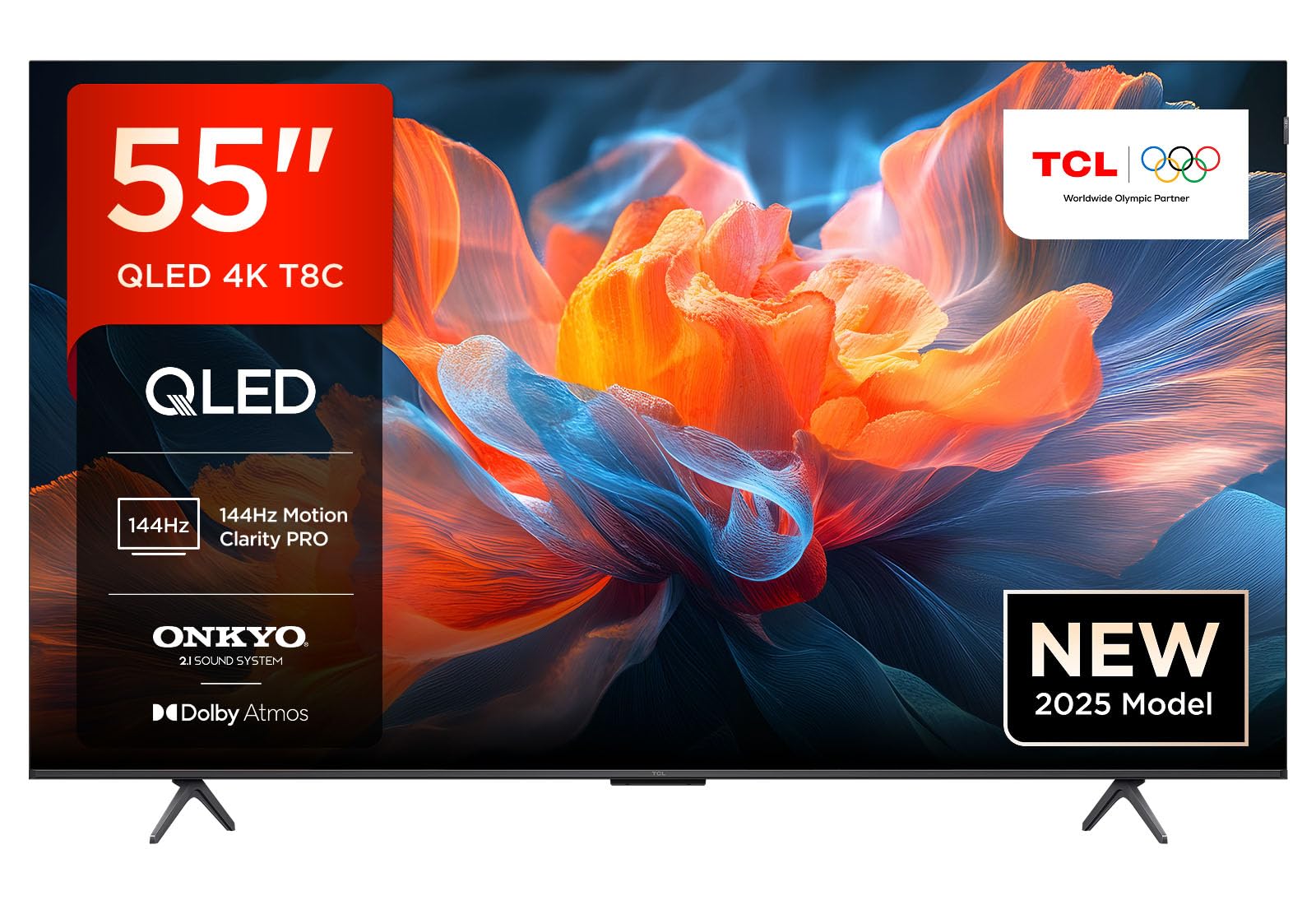 TCL 55T8C 55" QLED 4K HDR Ultra HD TV, Smart TV Powered by Google TV (Dolby Vision & Atmos, 144Hz Motion Clarity Pro, FreeSync, Onkyo 2.1 Sound, Voice