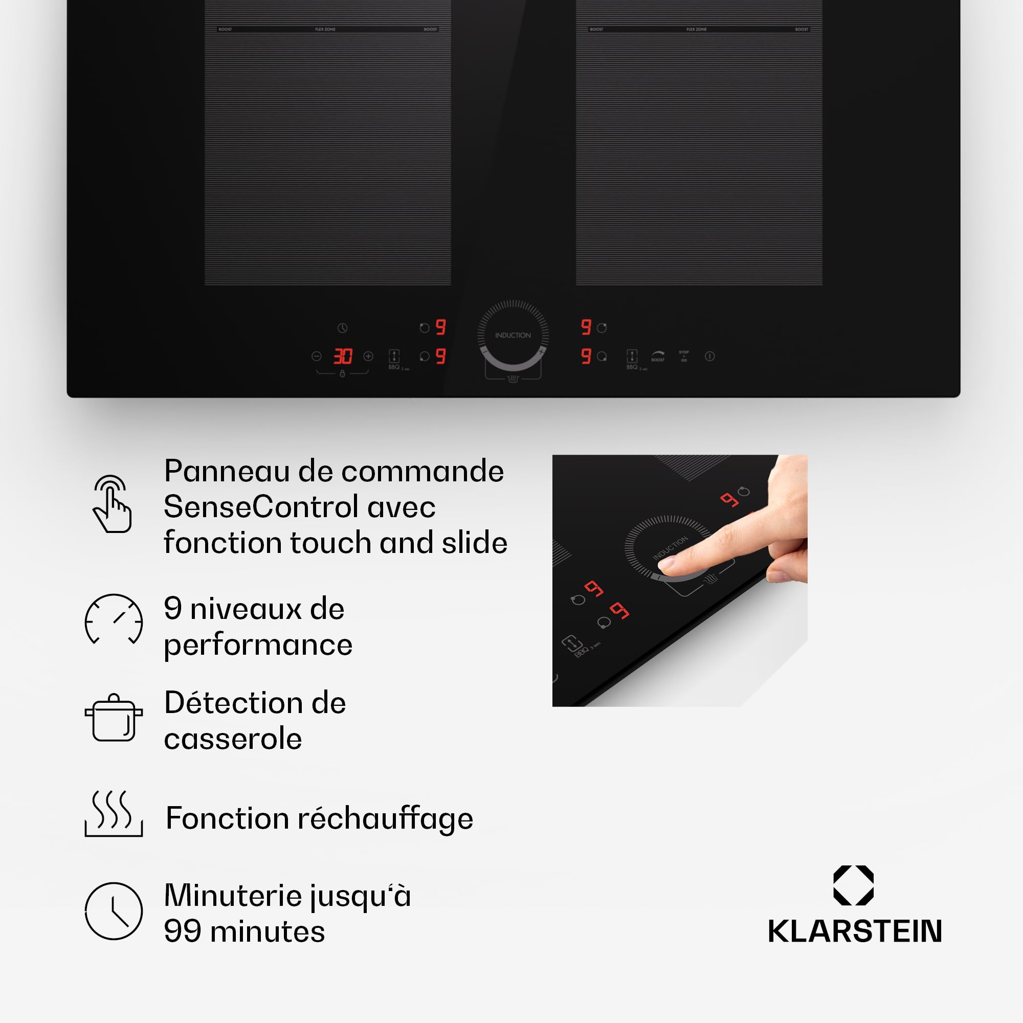 Klarstein Table de cuisson électrique induction encastrée 7000W 4 feux ThermoBoost