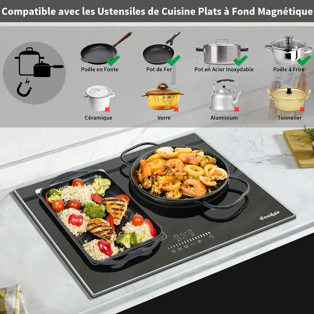 Cooksir Plaque Induction 3 Feux avec Cadre, Table de Cuisson Induction 60cm Encastrable, 6800W, Commande Tactile à Curseur, Bord Inox, Zone Flexibles pour le Grille, Sans Fiche, 240V