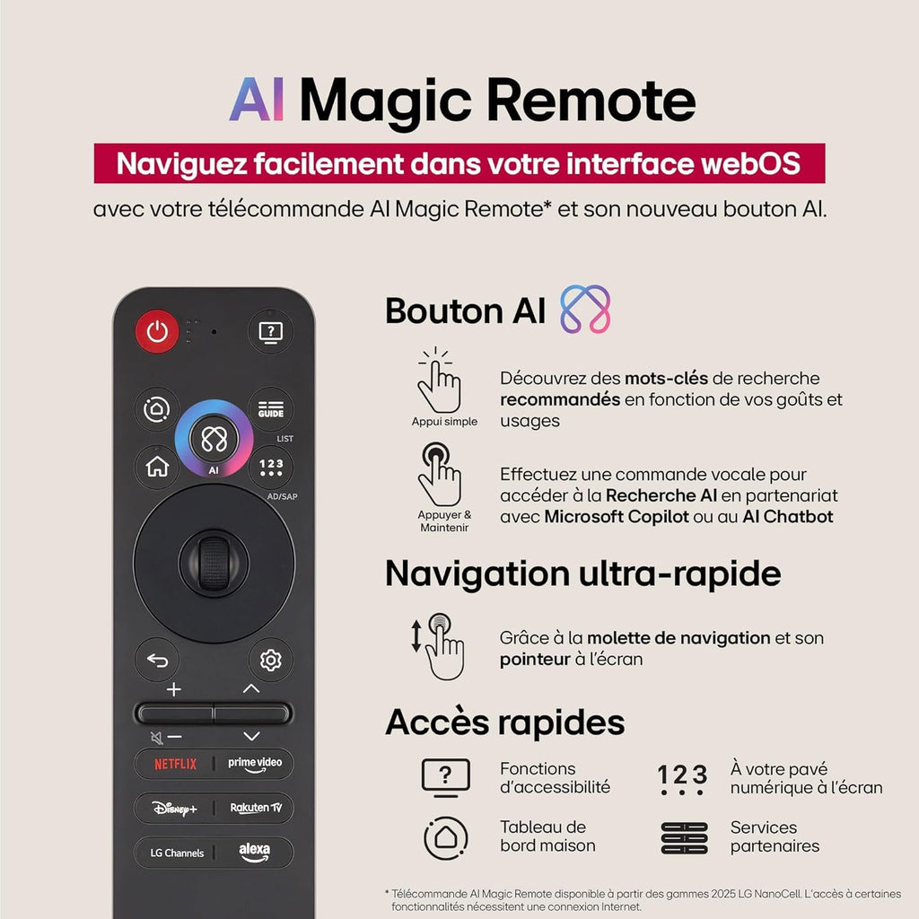 LG TV NANOCELL AI 2025 | 65NANO90| 65'' (164cm) | 4K UHD | HDR10 |webOS 25 | Télécommade AI Magic Remote | Alexa, Google Assistant | Netflix Disney+ Canal+ Prime Video | AirPlay 2 | Couleurs Pures