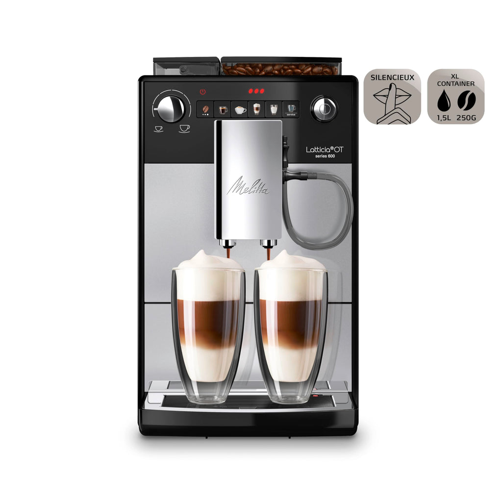 Melitta Latticia One Touch Argent, Machine à Café à Grains avec Broyeur et Système Latte Perfection, Silencieuse, Mode 1 à 2 Tasses, Automatique, F300-101, 1450W