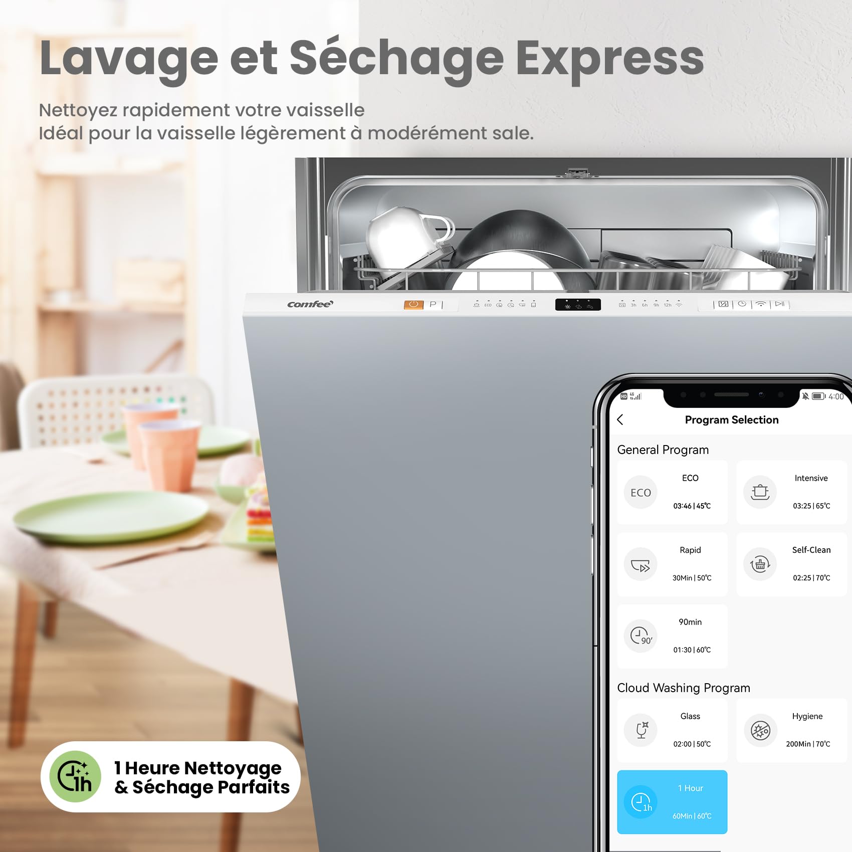 COMFEE' CDWPB1215PB-EU Lave-vaisselle Entièrement Intégré avec 12 Couverts, Lavage Cloud Wash, Séchage Supplémentaire, Lave-vaisselle Encastrable avec Démarrage Différé, Lavage Rapide - Blanc