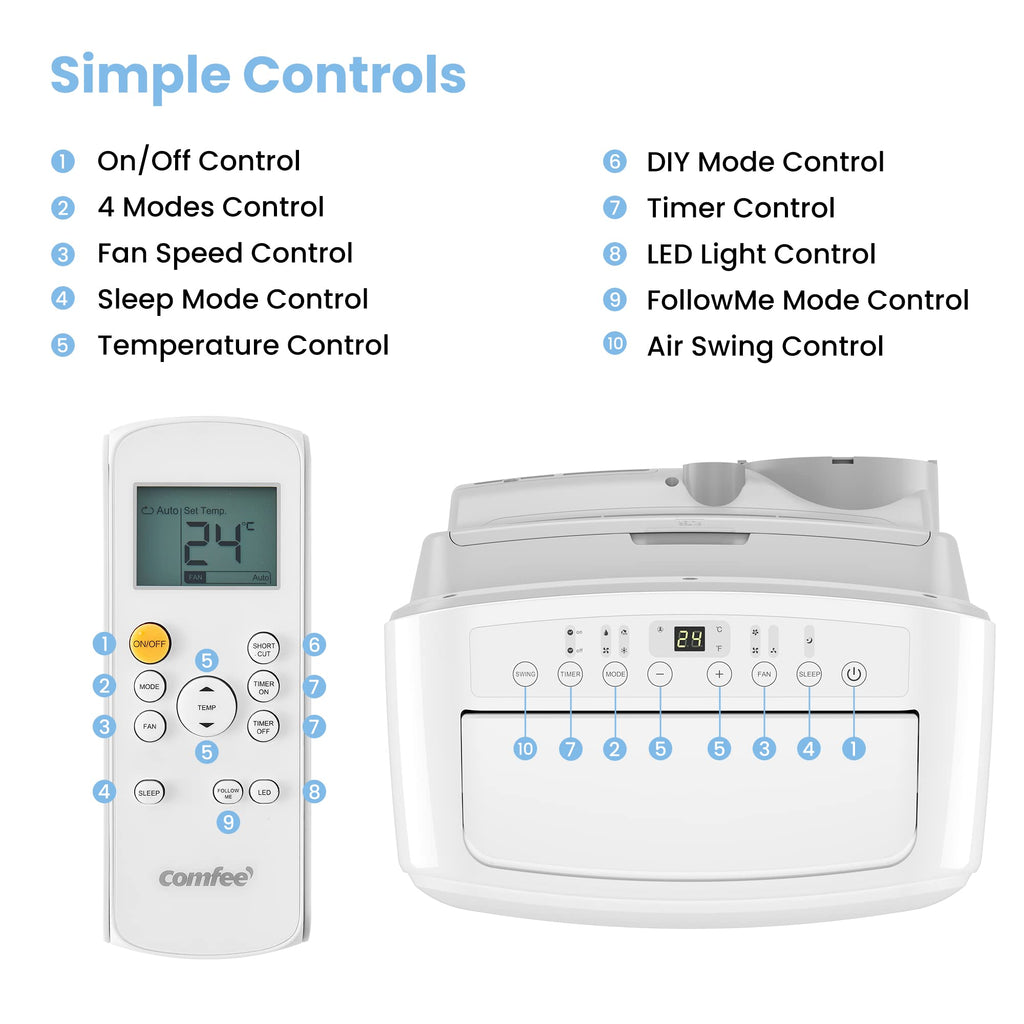 COMFEE' Climatiseur Mobile 12000 BTU/H 3,5 kW, 3 Modes, Fonction Follow Me, Télécommande, pour grandes pièces de 43㎡/117m³, Kit d'évacution inclus, Réfrigérant naturel, PAC 12000