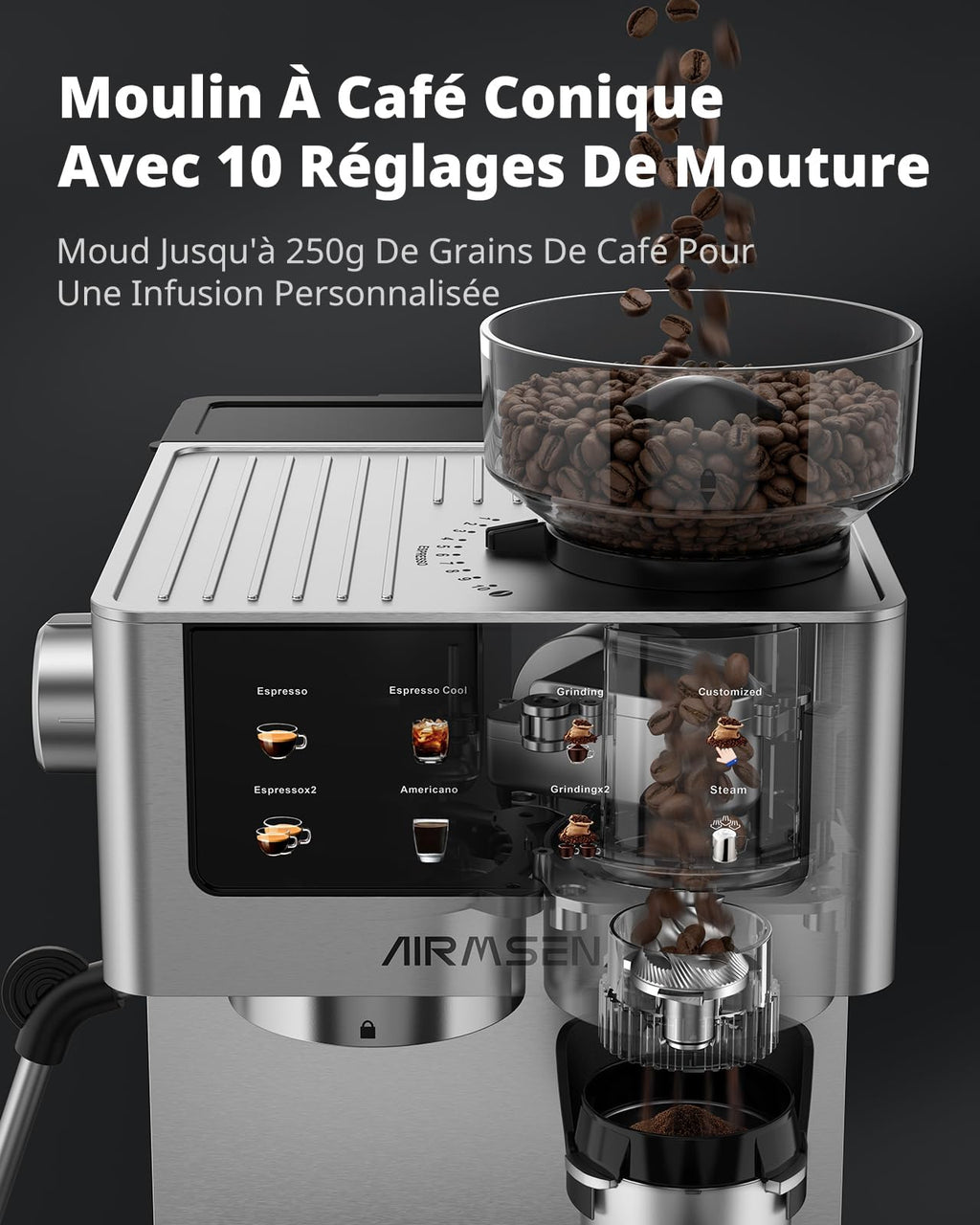 AIRMSEN Espresso Machine à Café Grain à Tasse avec Mousseur à Lait - Programmable, Écran Tactile Couleur, Compatible Café Froid (Cold Brew) et Americano, En Acier Inoxydable, Réservoir 1.8L