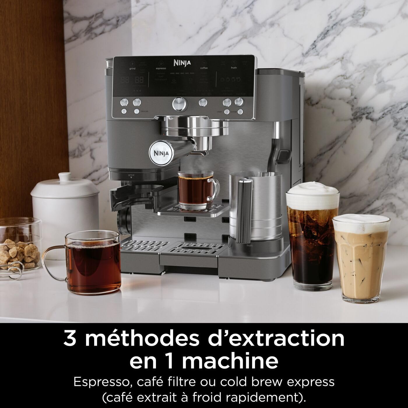 Ninja Luxe Premier Machine à café 3-en-1, Pour réaliser espressos, infusions à froid et café filtre, 4 préréglages de mousse automatiques, Gris Métalisé, ES601EUGM