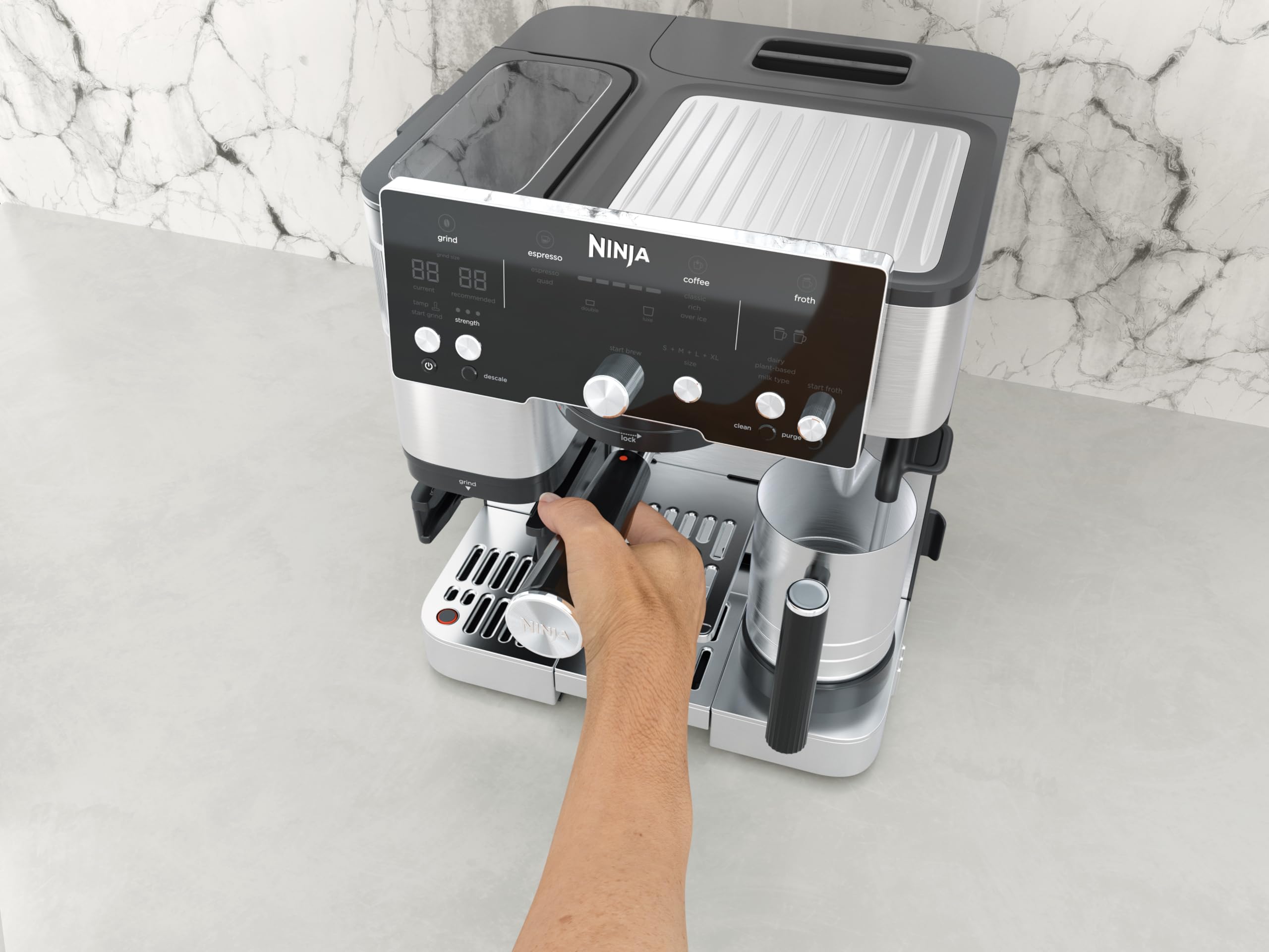 NINJA Machine à café Luxe Essential 2-en-1, Latte, Cappuccino et Espresso avec broyeur à grains et mousseur à lait intégrés, facile à utiliser, 2 préréglages mousse, argent, ES501EU