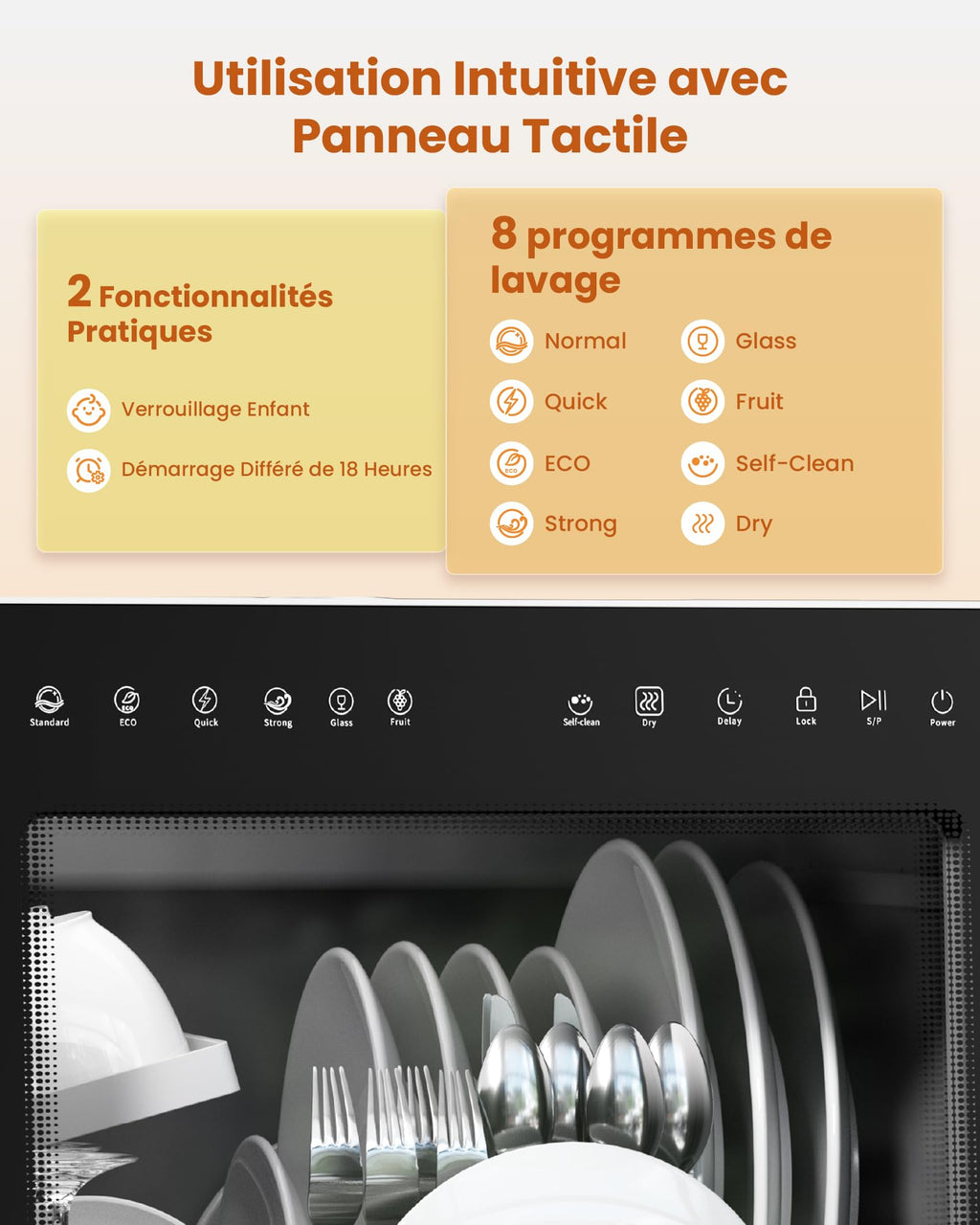 HAVA Lave-vaisselle de comptoir 2025 - Amélioré avec adoucisseur d'eau, efficacité énergétique optimale, 8 programmes de lavage, verrouillage enfant et fonction de démarrage différé